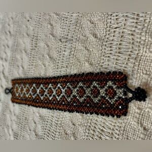 Vintage Huichol Seed Bead Bracelet Bronze, Silver & Black Diamond Design …